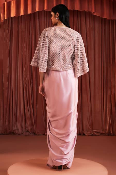 Akara Pink Satin Cape & Draped Skirt Set 