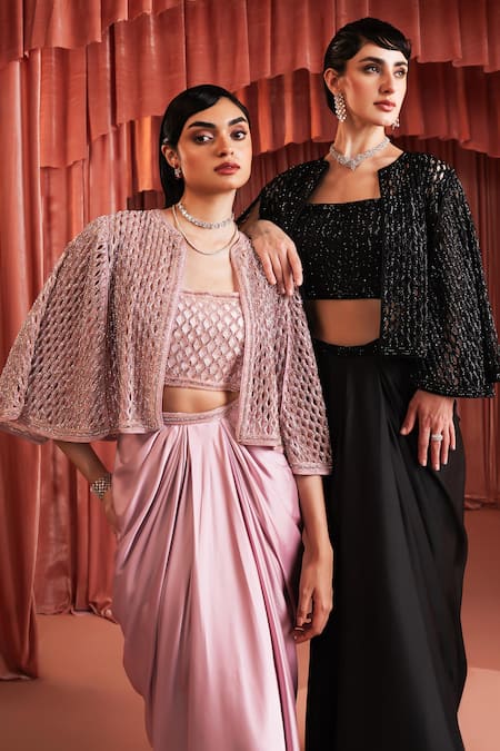Shop_Akara_Pink Satin Embroidery Square , Open Cape And Draped Skirt Set _Online_at_Aza_Fashions