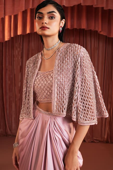 Buy_Akara_Pink Satin Embroidery Square , Open Cape And Draped Skirt Set 