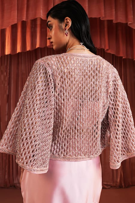 Shop_Akara_Pink Satin Embroidery Square , Open Cape And Draped Skirt Set 