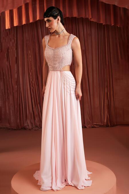 Buy_Akara_Pink Georgette Beads Square Neck Baby Designer Top And Skirt Set _Online_at_Aza_Fashions