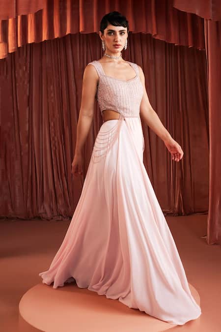 Shop_Akara_Pink Georgette Beads Square Neck Baby Designer Top And Skirt Set _Online_at_Aza_Fashions