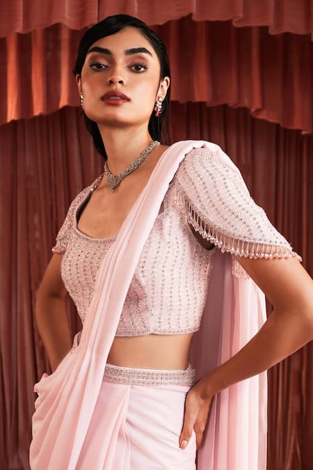 Akara_Pink Georgette Embroidery, Beads Square Neck Baby Pre-draped Saree And Blouse Set _at_Aza_Fashions