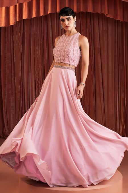 Buy_Akara_Pink Georgette Beads Round Neck Blush Blouse And Skirt Set _Online_at_Aza_Fashions