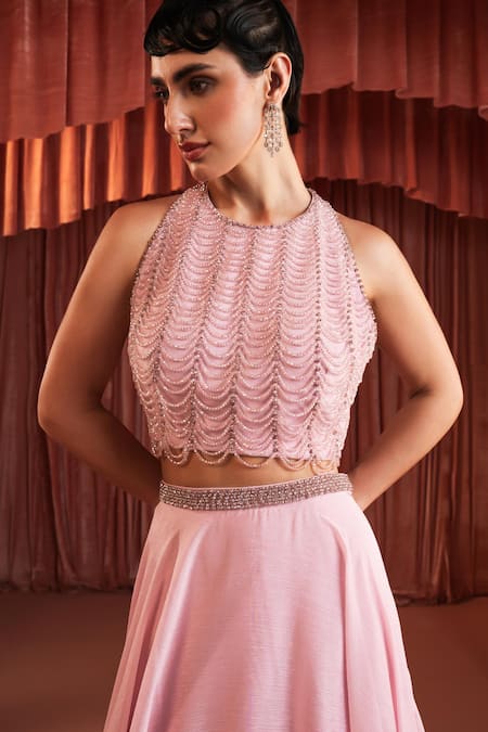 Akara_Pink Georgette Beads Round Neck Blush Blouse And Skirt Set _at_Aza_Fashions