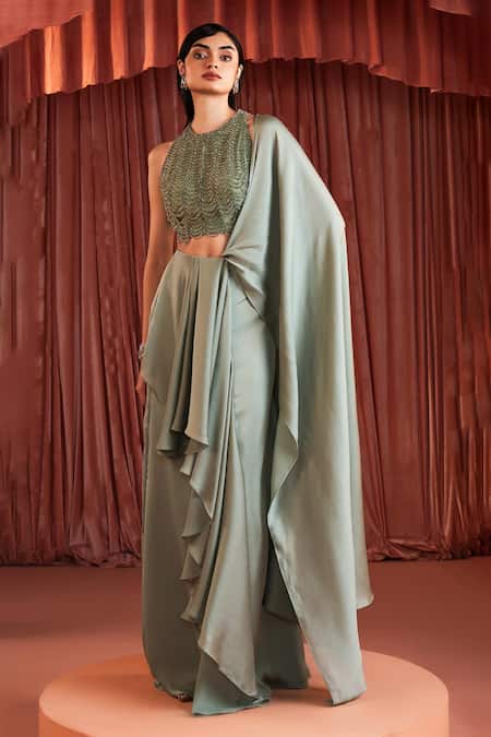 Akara_Green Satin Beads Round Neck Sage Pre-draped Saree Set _at_Aza_Fashions