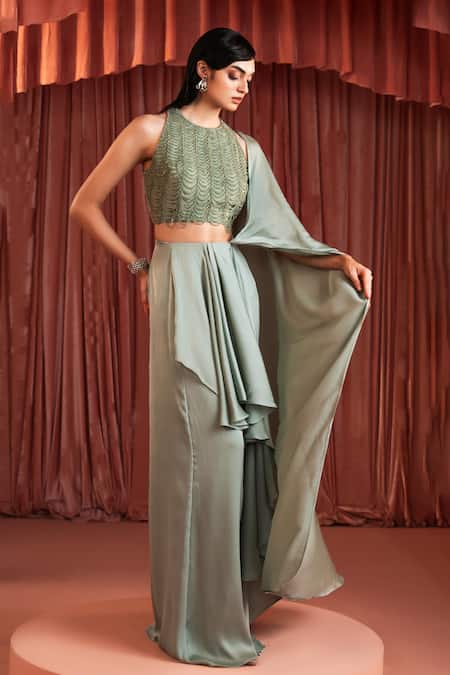 Buy_Akara_Green Satin Beads Round Neck Sage Pre-draped Saree Set _Online_at_Aza_Fashions