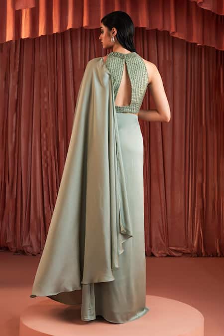 Akara Sage Green Pre-Draped Saree Set 