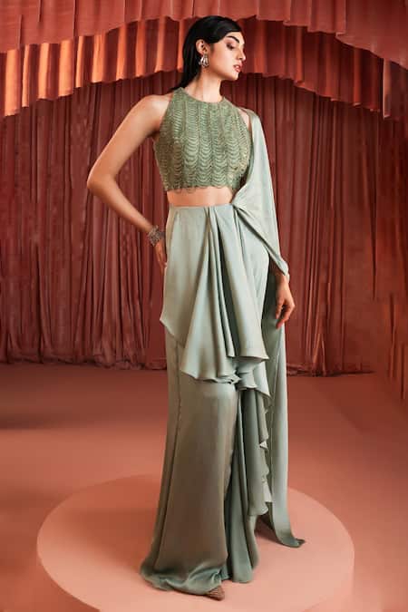 Buy_Akara_Green Satin Beads Round Neck Sage Pre-draped Saree Set 