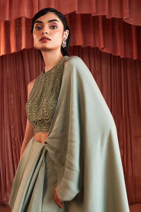 Shop_Akara_Green Satin Beads Round Neck Sage Pre-draped Saree Set 