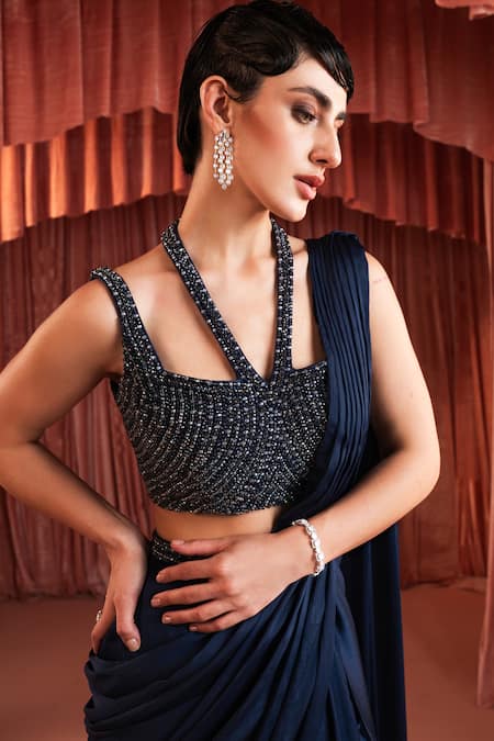 Akara_Blue Satin Sequins, Beads Halter Neck Midnight Pre-draped Saree Set _at_Aza_Fashions