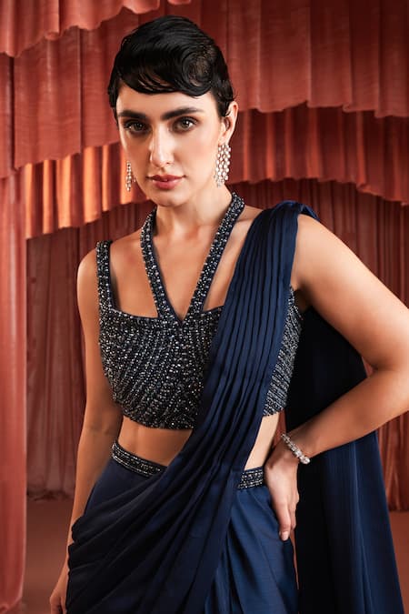Buy_Akara_Blue Satin Sequins, Beads Halter Neck Midnight Pre-draped Saree Set 