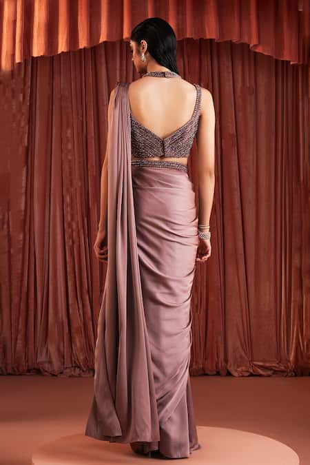 Akara Purple Wave Satin Pre-draped Saree Set 