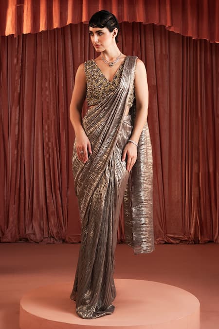 Akara_Silver Georgette, Crepe Beads, Sequins Designer Gold Pre-draped Saree Set _at_Aza_Fashions