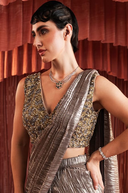 Buy_Akara_Silver Georgette, Crepe Beads, Sequins Designer Gold Pre-draped Saree Set 