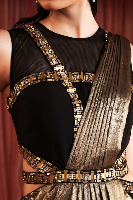 Buy_Akara_Black Crepe Beads Round Neck And Gold Saree Gown _Online_at_Aza_Fashions