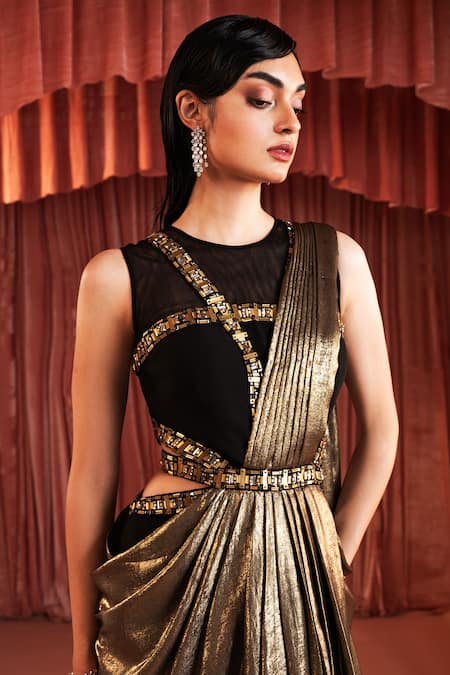 Shop_Akara_Black Crepe Beads Round Neck And Gold Saree Gown _Online_at_Aza_Fashions