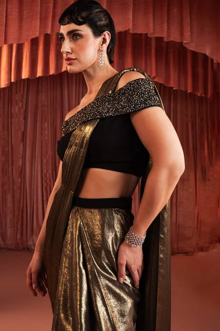 Shop_Akara_Black Crepe Beads Off-shoulder And Gold Pre-draped Pant Saree Set _Online_at_Aza_Fashions