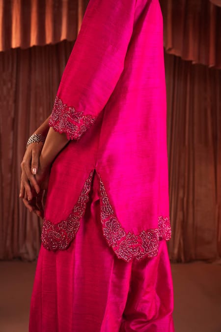 Shop_Akara_Pink Silk Embroidery Round Neck Hot Kurta Set _Online_at_Aza_Fashions