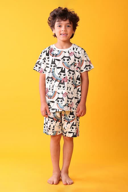 Anthrilo White Cotton Designer Print T-shirt And Shorts Set
