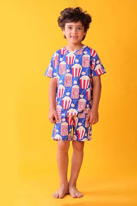 Anthrilo Blue Cotton Popcorn Print T-shirt And Shorts Set