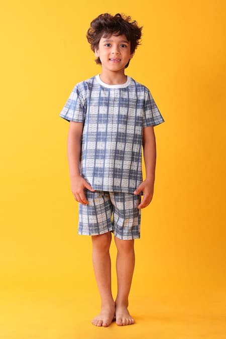 Anthrilo Blue Cotton Checkered T-shirt And Shorts Set 