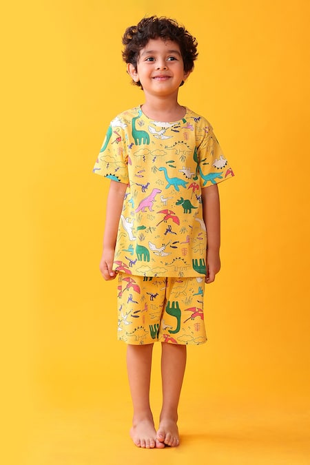 Anthrilo Yellow Cotton Dinosaur Print T-shirt And Shorts Set 
