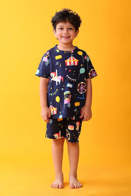 Anthrilo Navy Cotton Graphic T-shirt And Shorts Set