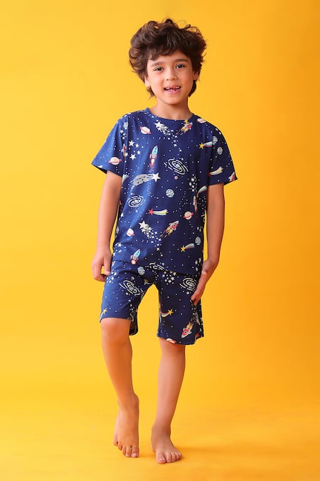 Anthrilo Blue Cotton Space Print T-shirt And Shorts Set 