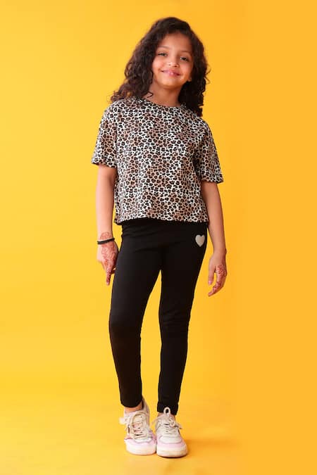 Anthrilo Brown Leopard Print T-shirt And Black Leggings Set 