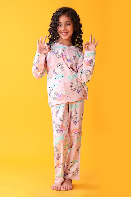 Anthrilo Pink Cotton Unicorn Print T-shirt And Pyjama Set 