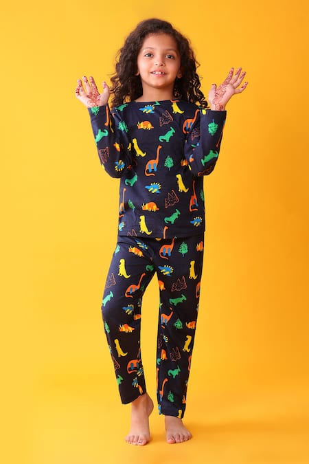 Anthrilo Navy Cotton Dinosaur Print T-shirt And Pyjama Set