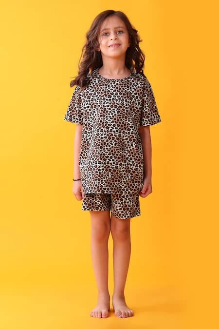 Anthrilo Beige Cotton Leopard Print T-shirt And Shorts Set
