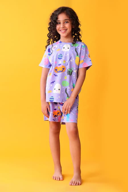 Anthrilo Purple Cotton Halloween Print T-shirt And Shorts Set 