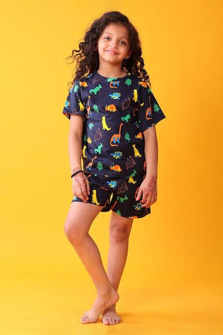 Anthrilo Blue Cotton Dinosaur Print T-shirt And Shorts Set 