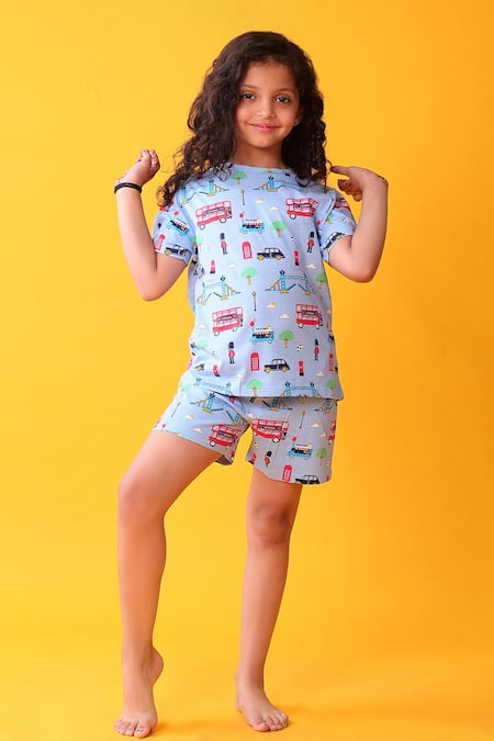 Anthrilo Blue Cotton Printed T-shirt And Shorts Set 