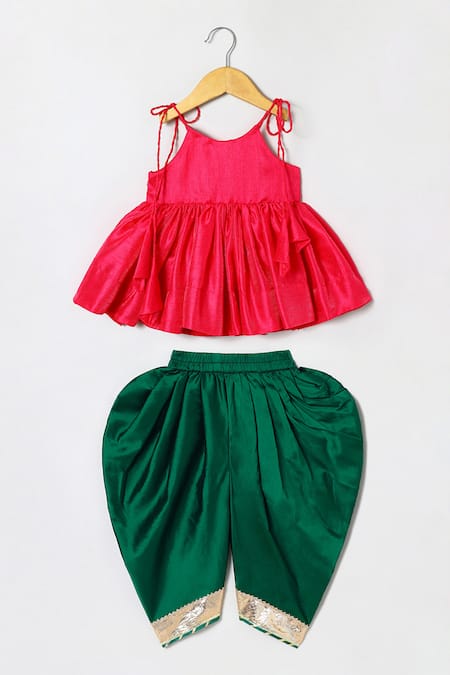 Byb Premium Fuschia Embellished Top & Green Dhoti Pant Set 
