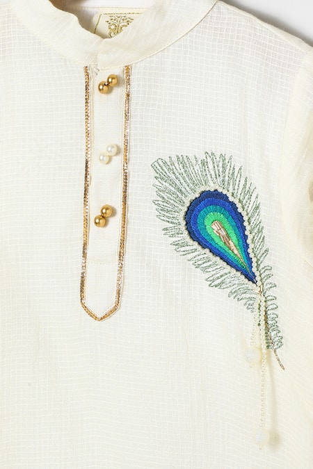 Shop_Byb Premium_Off White Cotton Embroidery Embellished Kurta Dhoti Set _Online_at_Aza_Fashions