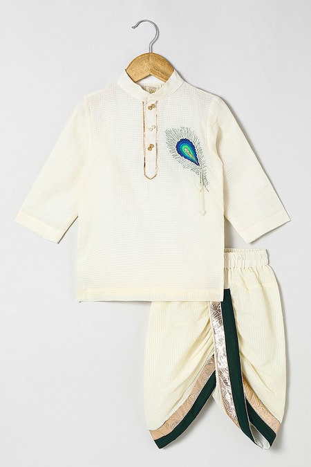 Byb Premium Off White Cotton Embroidery Embellished Kurta Dhoti Set 