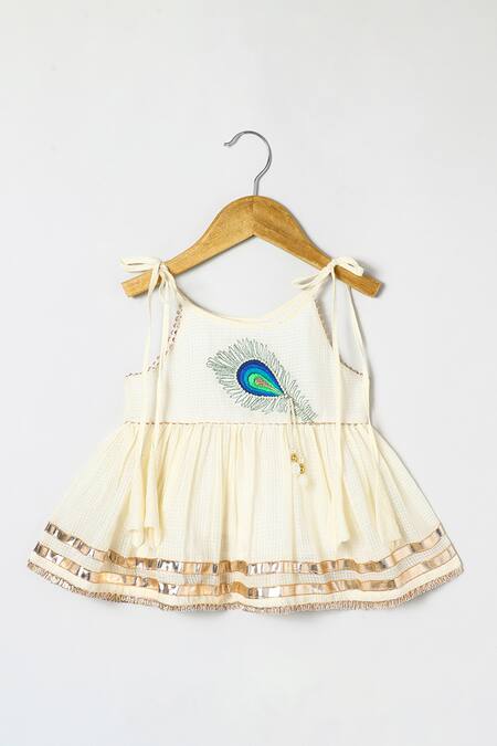 Byb Premium_Off White Cotton Embroidery, Beads Embellished Top And Palazzo Set _at_Aza_Fashions