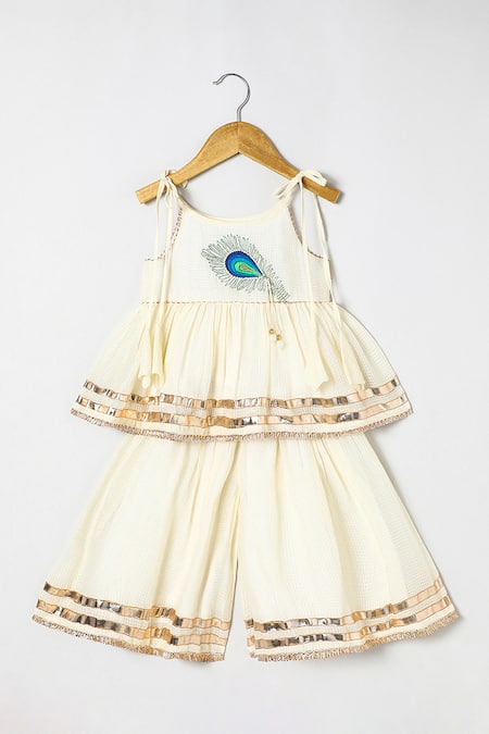 Byb Premium Off White Cotton Embroidery, Beads Embellished Top And Palazzo Set