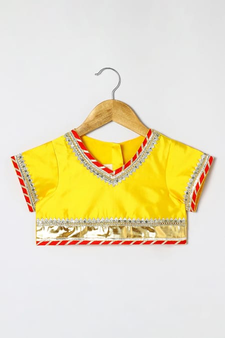 Byb Premium_Yellow Kota Doria Sequins, Embroidery, Embellished Top And Orange Skirt Set _Online_at_Aza_Fashions