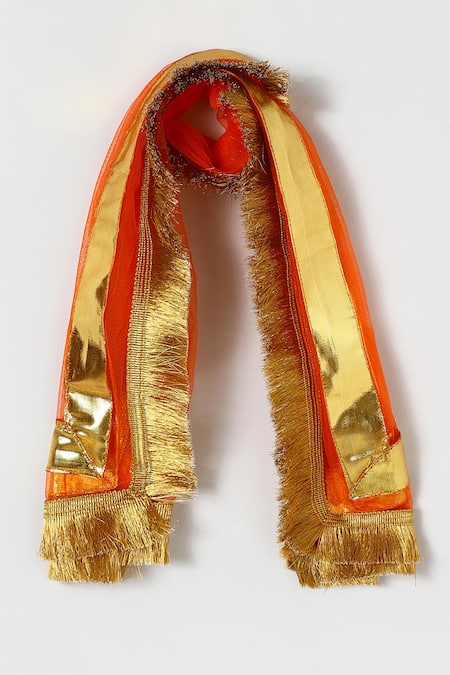 Shop_Byb Premium_Yellow Kota Doria Sequins, Embroidery, Embellished Top And Orange Skirt Set _Online_at_Aza_Fashions