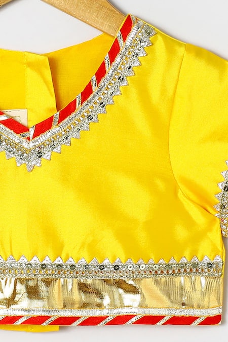 Byb Premium_Yellow Kota Doria Sequins, Embroidery, Embellished Top And Orange Skirt Set _at_Aza_Fashions