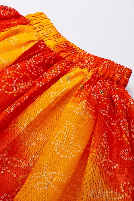 Shop_Byb Premium_Orange Kota Doria Fringe, Zari Designer Embellished Top And Skirt Set 
