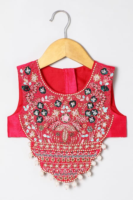 Shop_Byb Premium_Fuchsia Tissue Embroidery, Beads Fuschia Hand Top And Skirt Set 