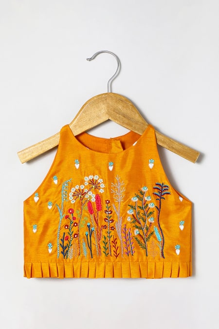 Byb Premium_Orange Silk Embroidery Top And Skirt Set _at_Aza_Fashions