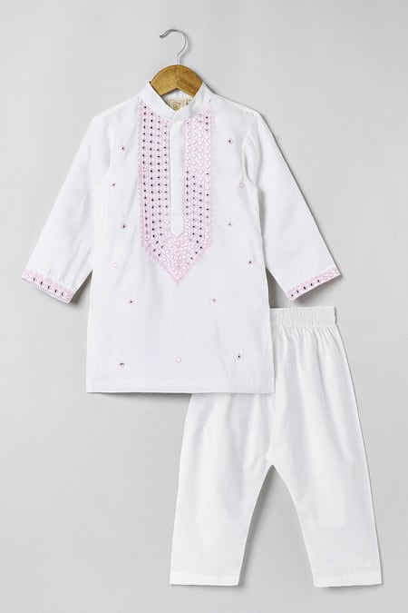 Byb Premium White Chanderi Embroidery, Sequins Kurta Pyjama Set 