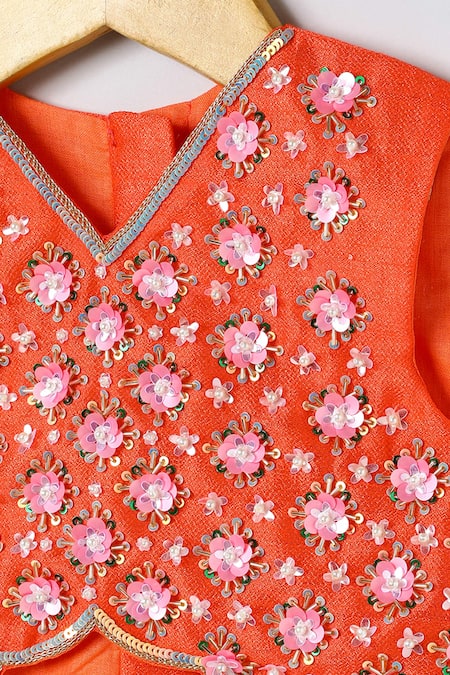 Shop_Byb Premium_Orange Tissue, Chanderi Embroidery, Fabric Flowers Hand Top Skirt Set _Online_at_Aza_Fashions