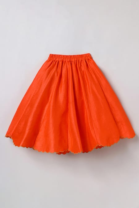 Byb Premium_Orange Tissue, Chanderi Embroidery, Fabric Flowers Hand Top Skirt Set _at_Aza_Fashions